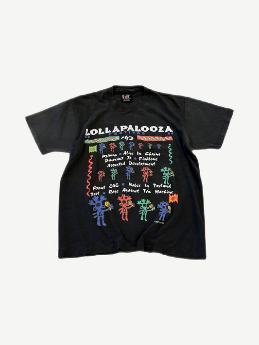 Vintage Lollapalooza 1993 black festival tee front with colorful sketch figures and band lineup