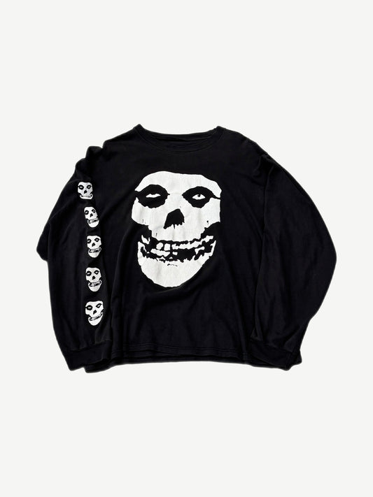Vintage Misfits black longsleeve front with large white Crimson Ghost skull graphic and skulls down left sleeve