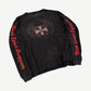 Vintage West Coast Choppers black waffle thermal angled view, iron cross chest and red sleeve script