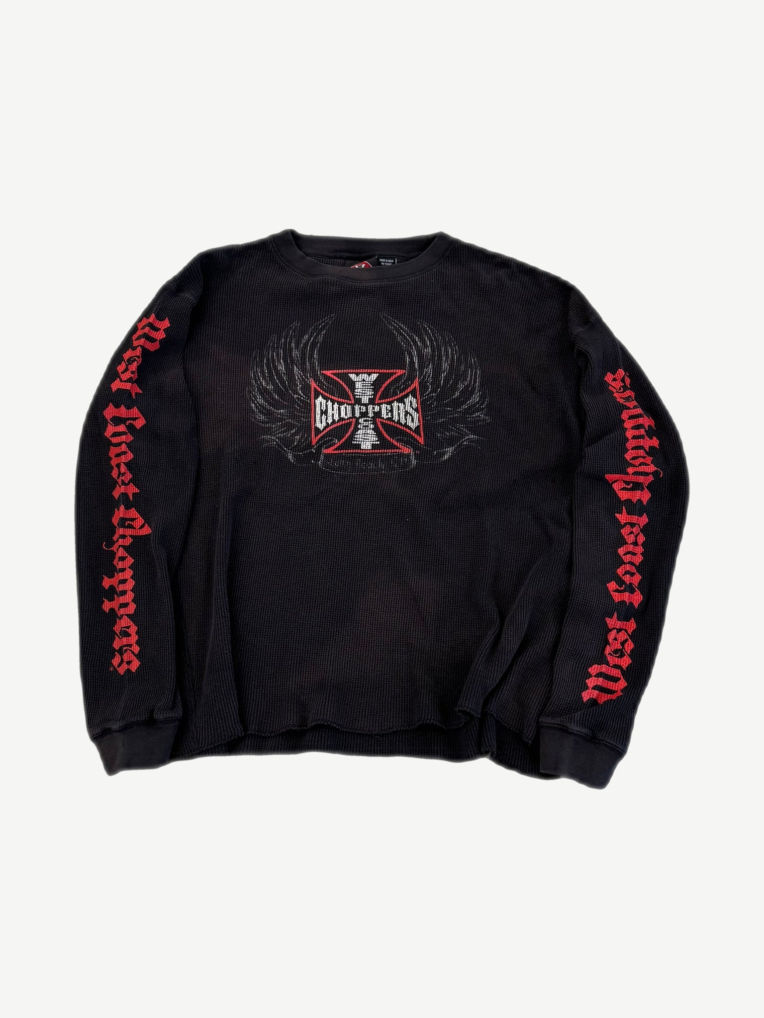 Vintage West Coast Choppers black waffle thermal front, faded red iron cross and winged chest graphic