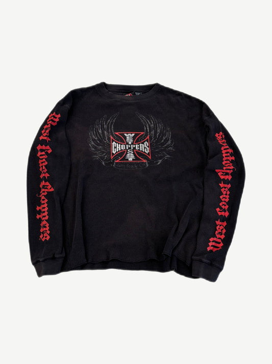Vintage West Coast Choppers black waffle thermal front, faded red iron cross and winged chest graphic