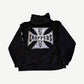West Coast Choppers black hoodie, back view with large white iron cross logo print across back