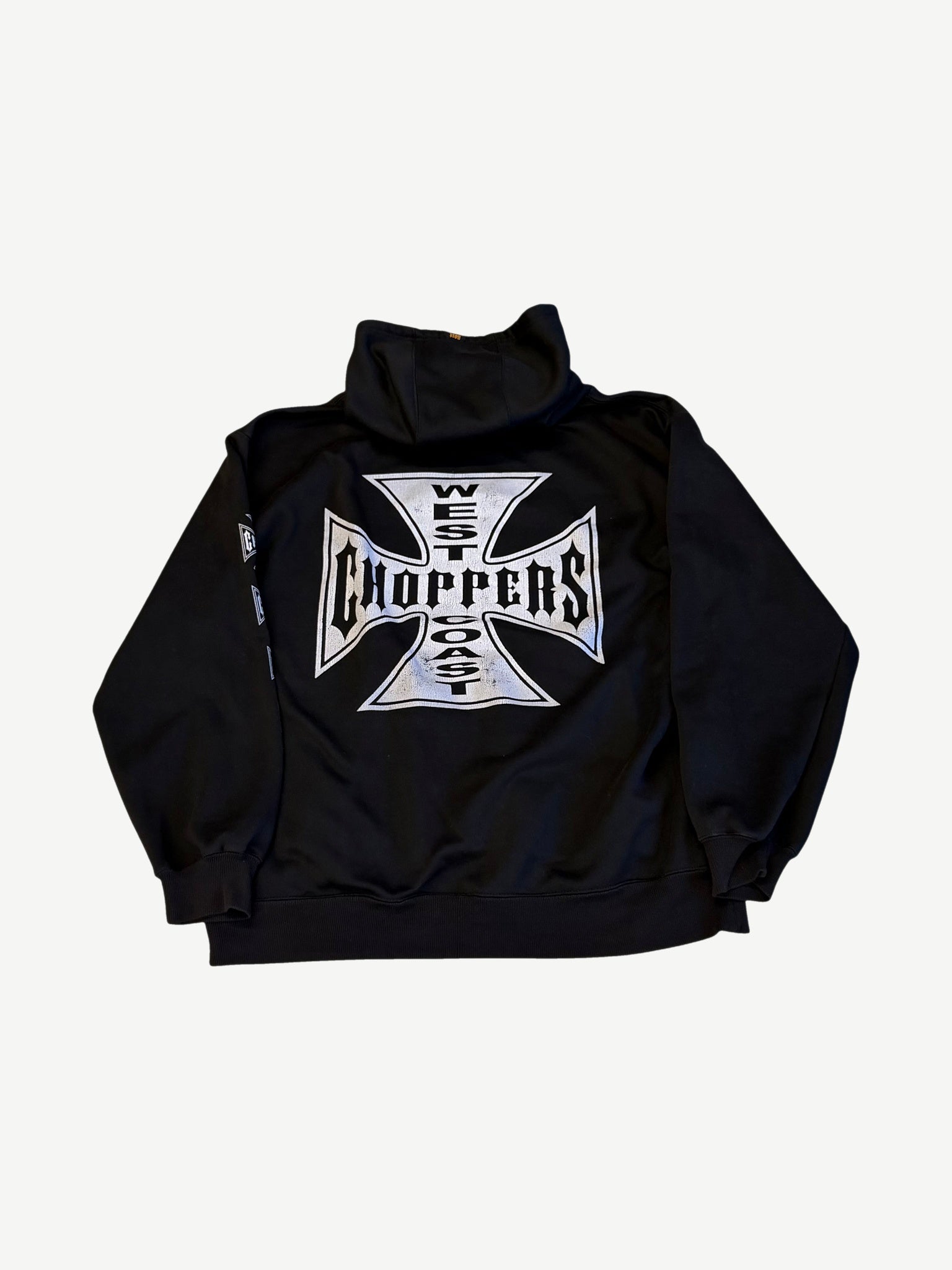 West Coast Choppers black hoodie, back view with large white iron cross logo print across back