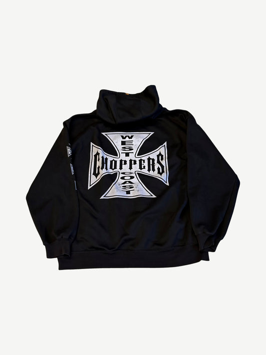 West Coast Choppers black hoodie, back view with large white iron cross logo print across back