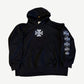Vintage West Coast Choppers black hoodie with white iron cross chest logo and sleeve patches