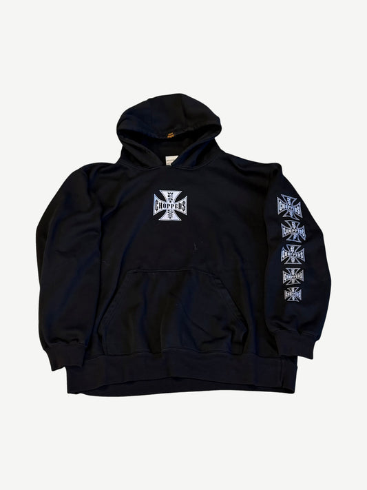 Vintage West Coast Choppers black hoodie with white iron cross chest logo and sleeve patches