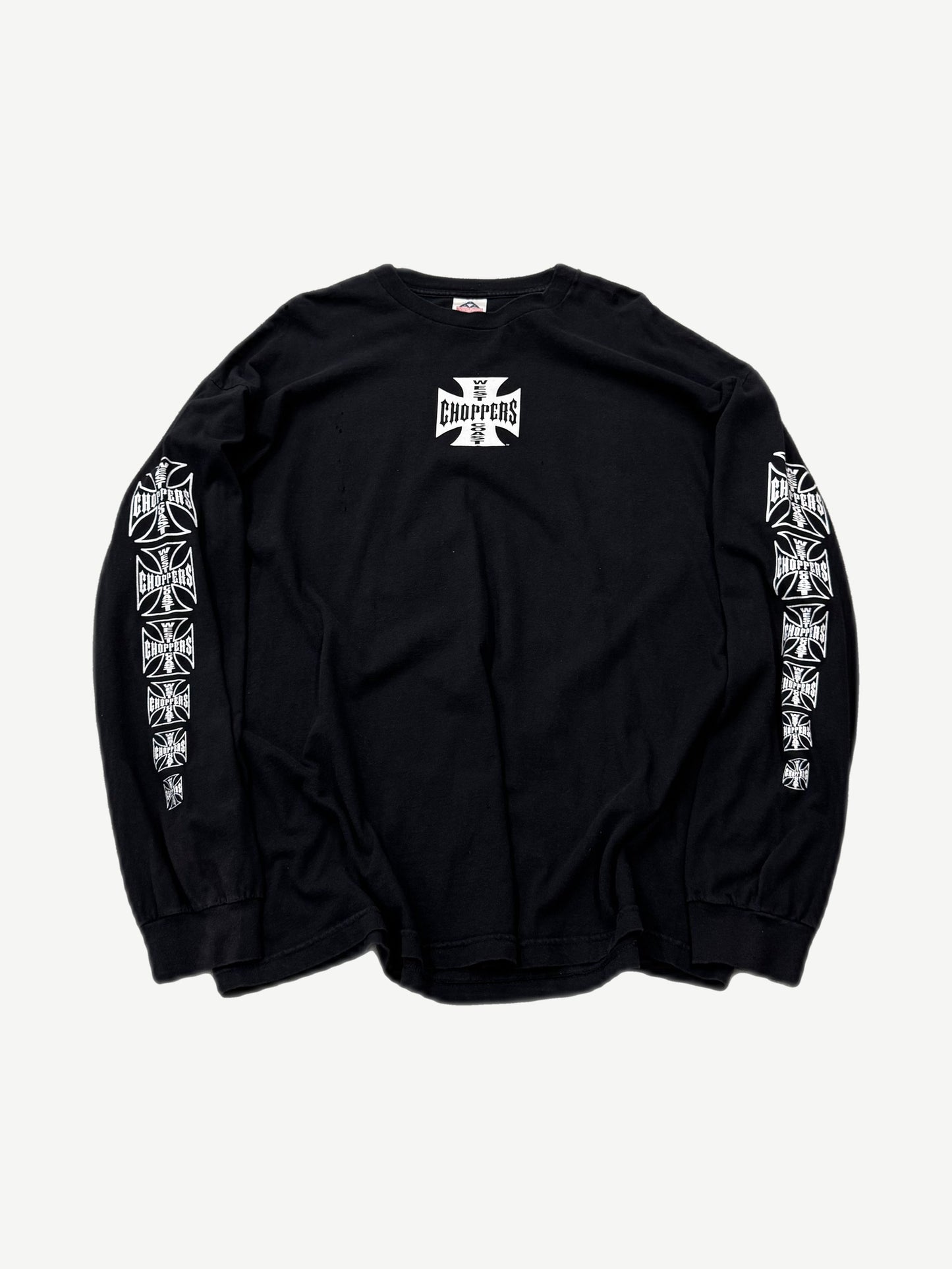 Vintage West Coast Choppers black longsleeve front with iron cross chest logo and stacked logos down both sleeves