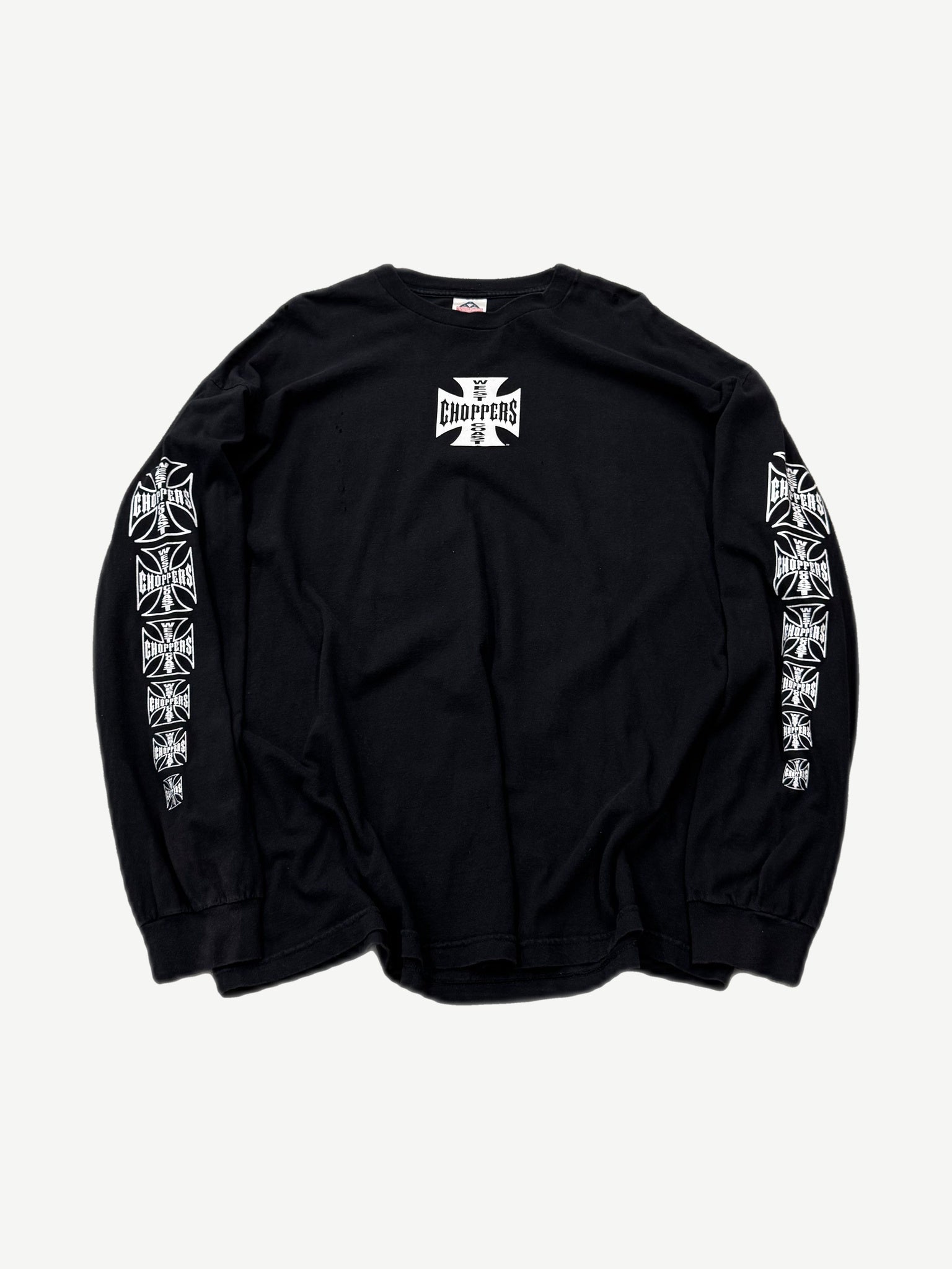 Vintage West Coast Choppers black longsleeve front with iron cross chest logo and stacked logos down both sleeves