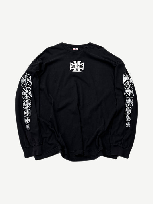 Vintage West Coast Choppers black longsleeve front with iron cross chest logo and stacked logos down both sleeves
