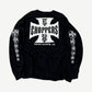 Vintage West Coast Choppers black longsleeve back with large Long Beach iron cross print and sleeve logos