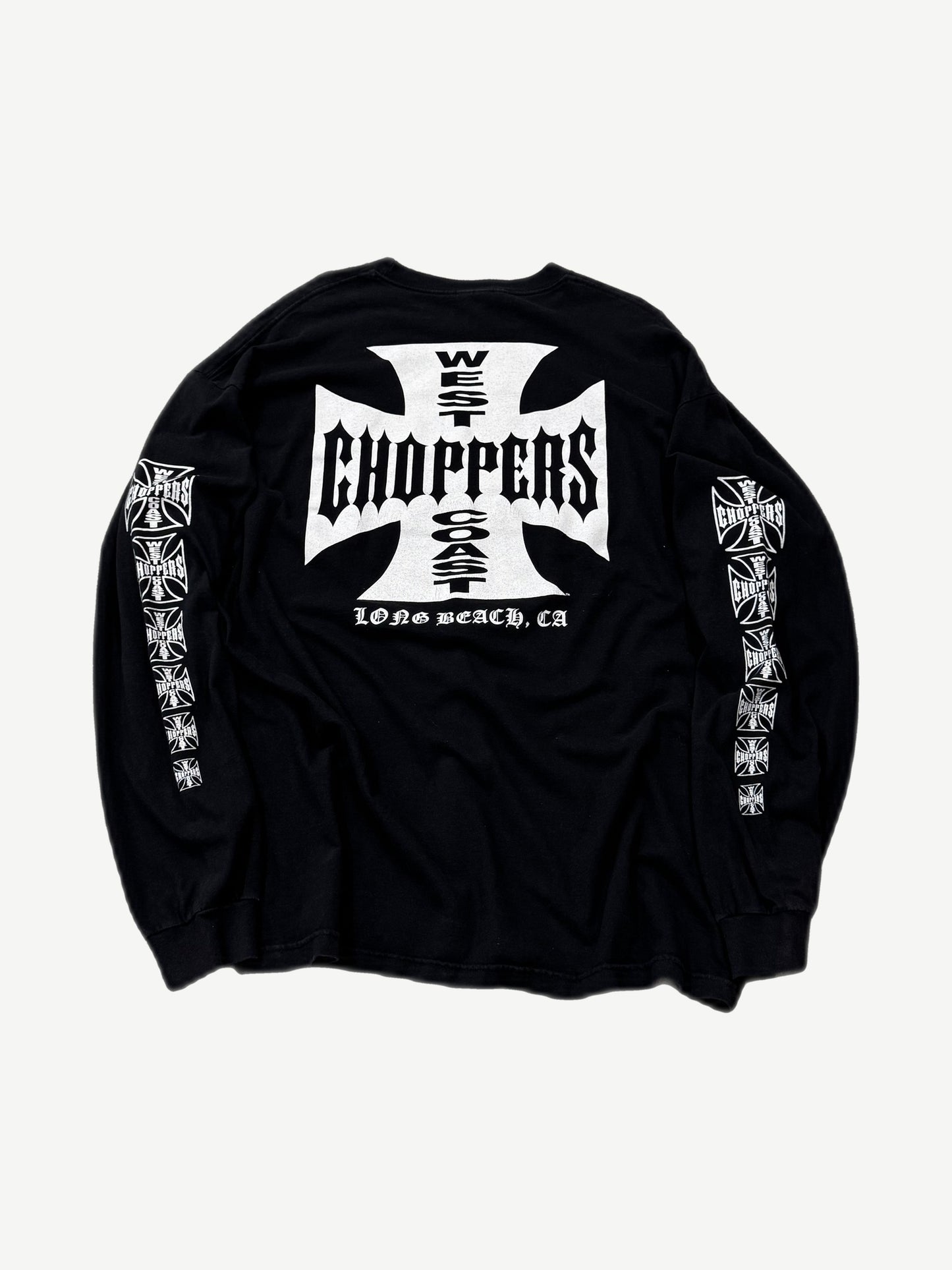 Vintage West Coast Choppers black longsleeve back with large Long Beach iron cross print and sleeve logos