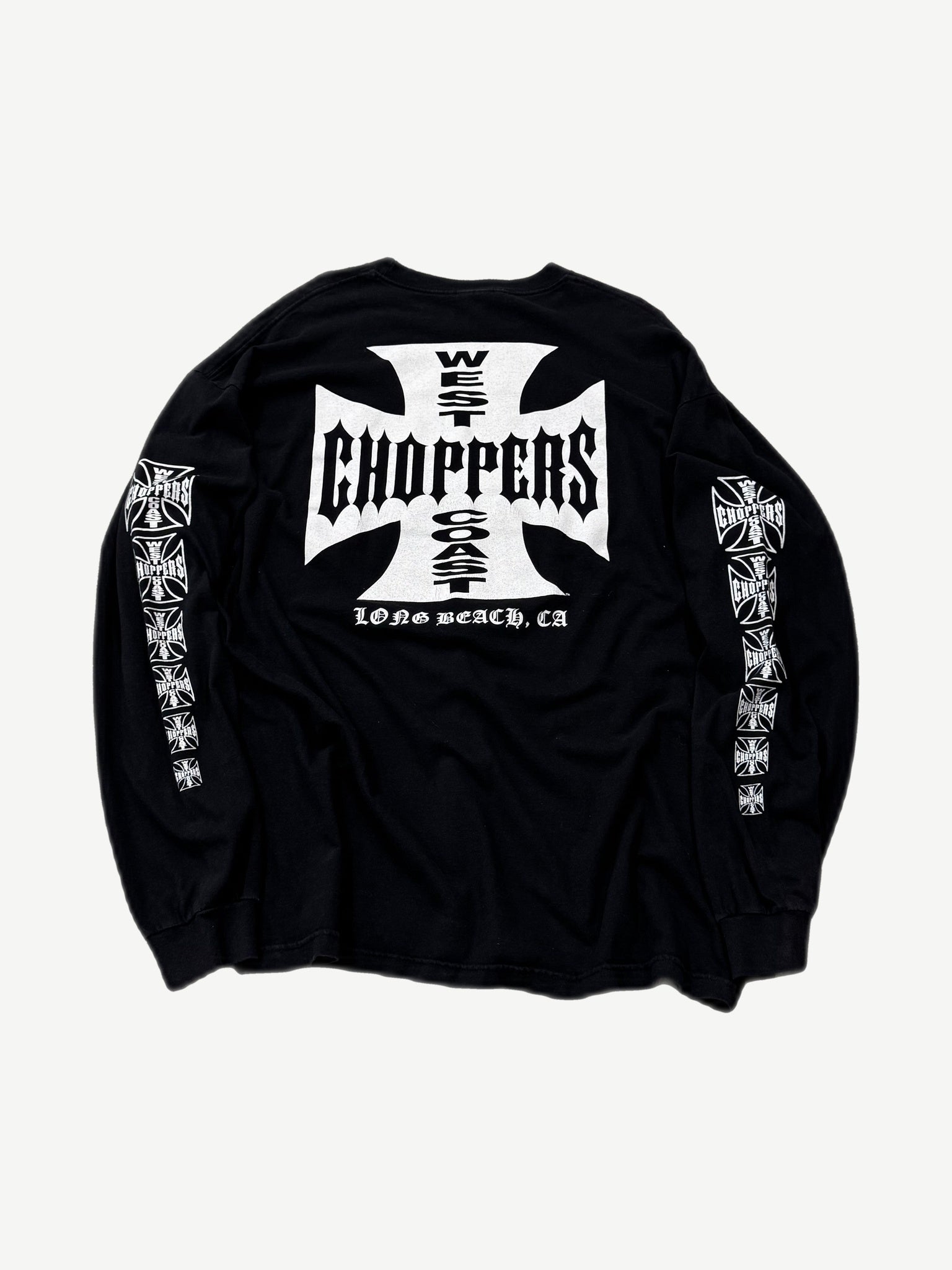 Vintage West Coast Choppers black longsleeve back with large Long Beach iron cross print and sleeve logos