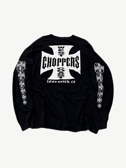 Vintage West Coast Choppers black longsleeve back with large Long Beach iron cross print and sleeve logos