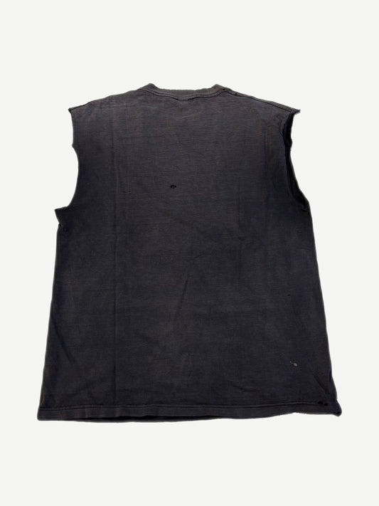 Vintage Blind Skateboards faded cutoff tee back view in worn distressed dark grey cotton with holes