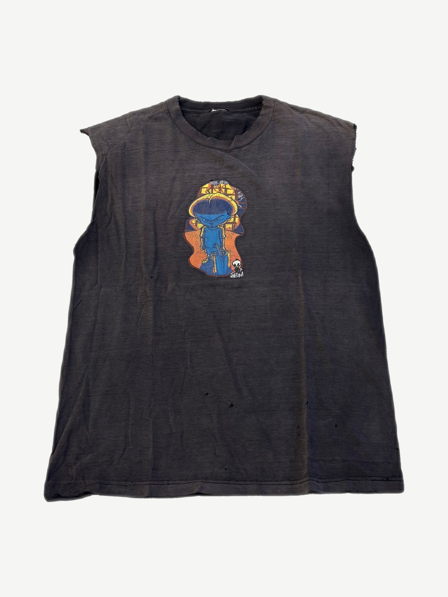 Vintage Blind Skateboards faded cutoff tee front in dark grey with blue Reaper character chest graphic