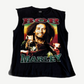 Vintage Bob Marley rap cutoff tee front in black with portrait photo and red green BOB MARLEY arched text