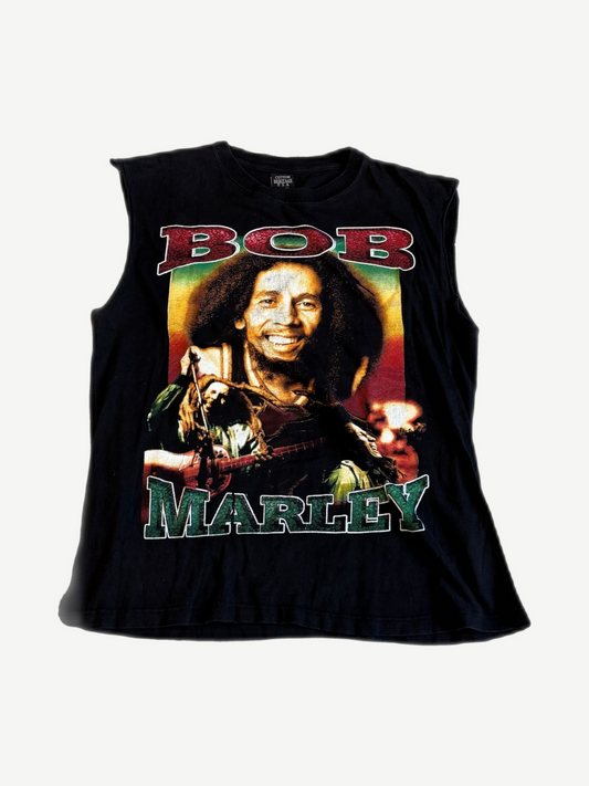 Vintage Bob Marley rap cutoff tee front in black with portrait photo and red green BOB MARLEY arched text