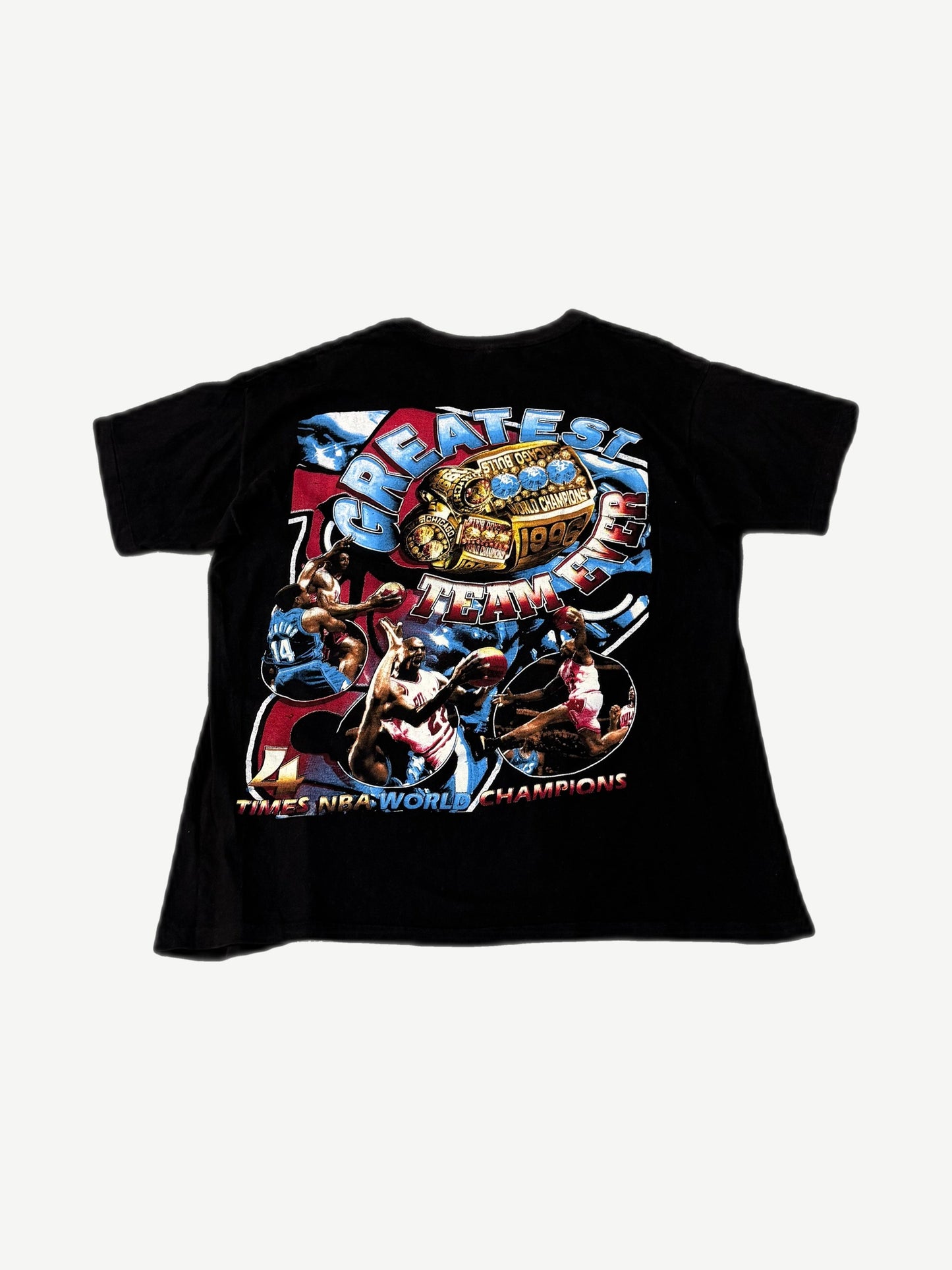 Vintage Bulls Greatest Team Ever rap tee back with championship ring and Jordan, Pippen player photos