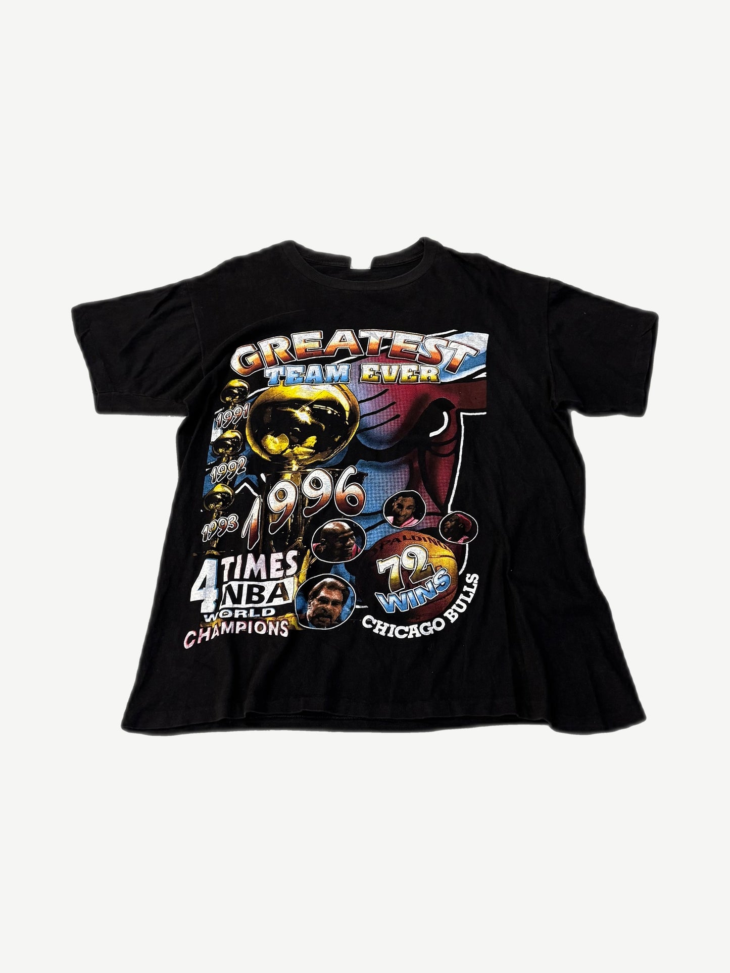 Vintage Chicago Bulls rap tee front with Greatest Team Ever 1996 4 Times NBA Champions trophy graphic