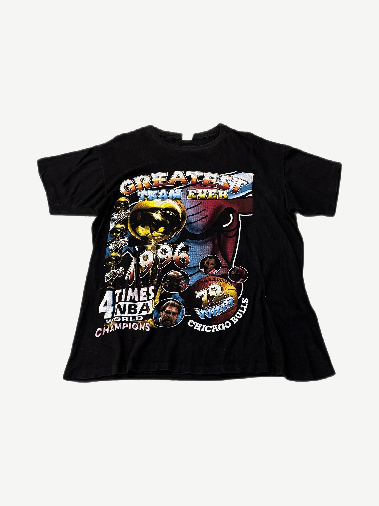 Vintage Chicago Bulls rap tee front with Greatest Team Ever 1996 4 Times NBA Champions trophy graphic
