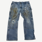 Vintage Carhartt blue double knee carpenter pants front with hammer loop and distressed wear.