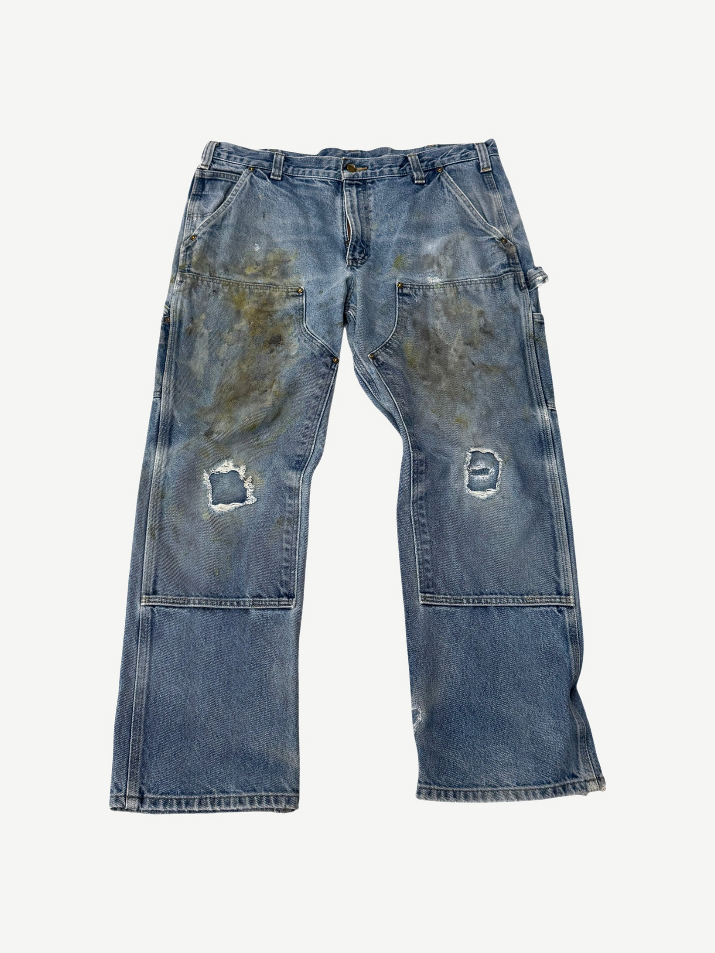 Vintage Carhartt blue double knee carpenter pants front with hammer loop and distressed wear.