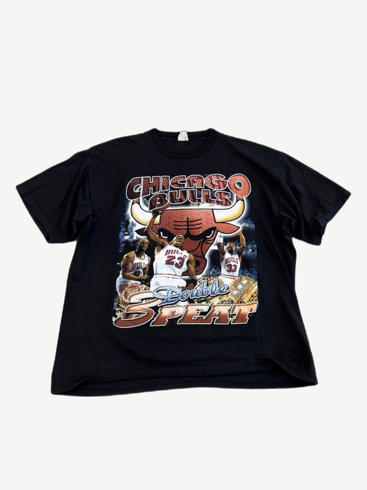 Vintage Chicago Bulls black Double 3-Peat rap tee with bull head, Jordan and Pippen graphic