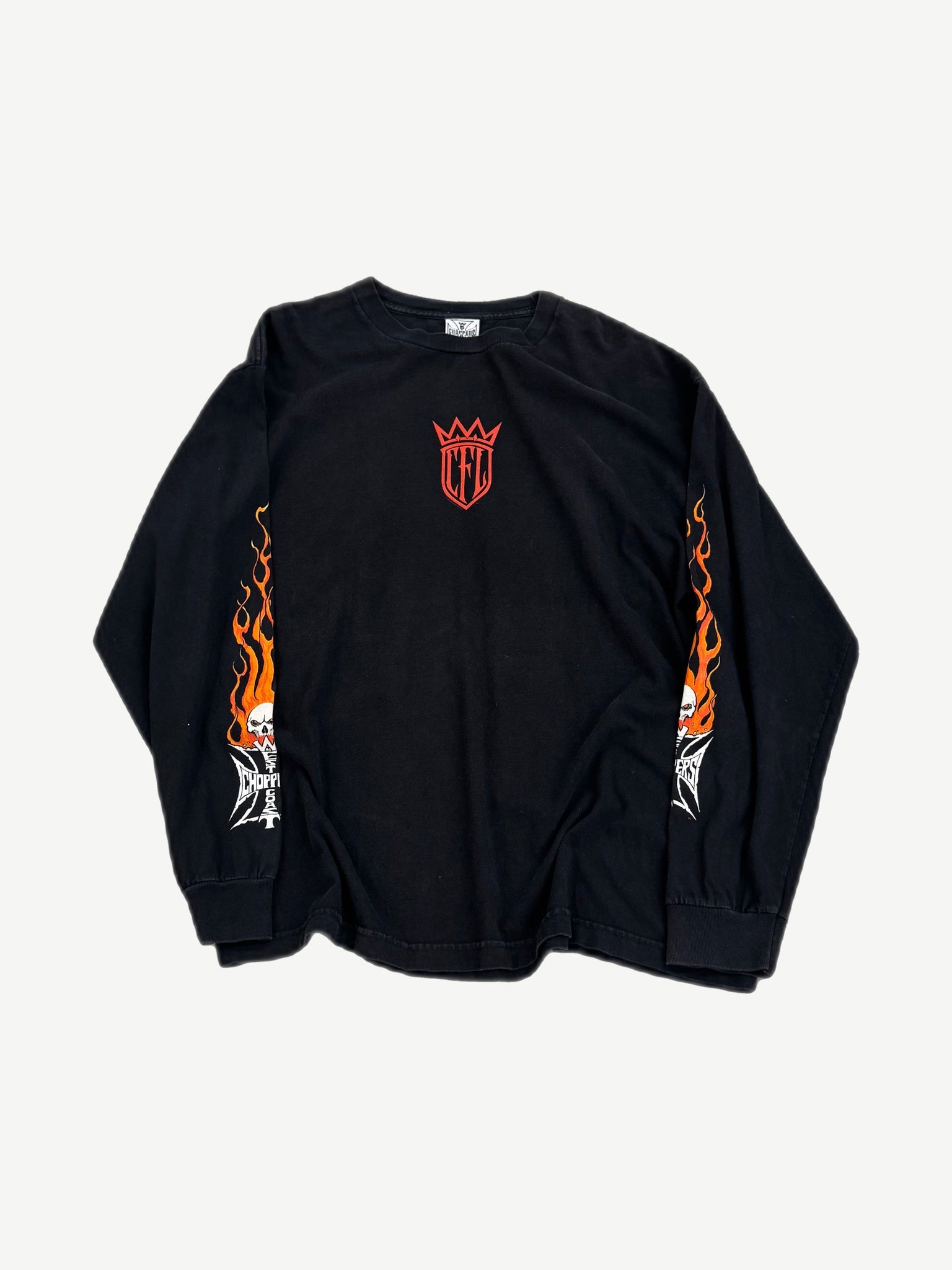 Vintage West Coast Choppers black longsleeve tee with red CFL crown chest logo and flaming skull sleeve graphics