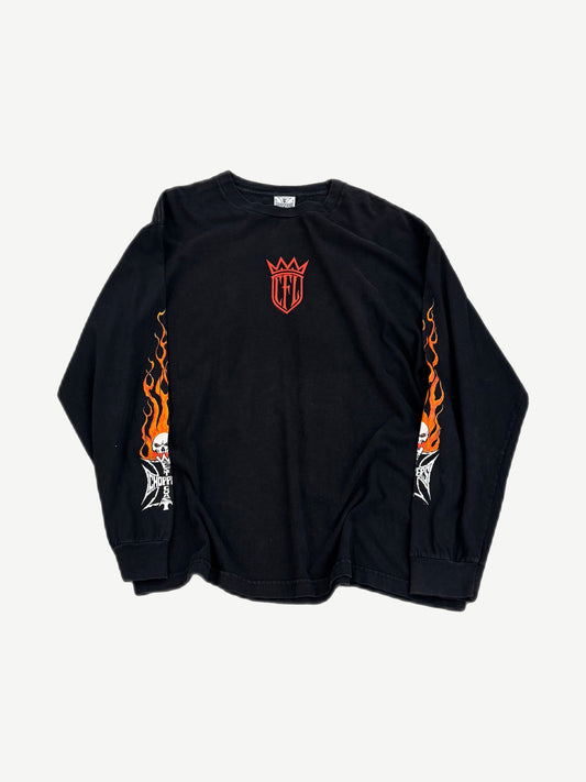 Vintage West Coast Choppers black longsleeve tee with red CFL crown chest logo and flaming skull sleeve graphics