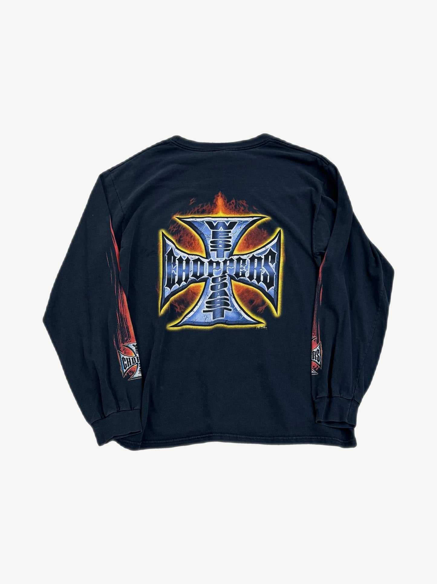 Vintage West Coast Choppers black longsleeve back, large faded gothic biker print with iron cross motif