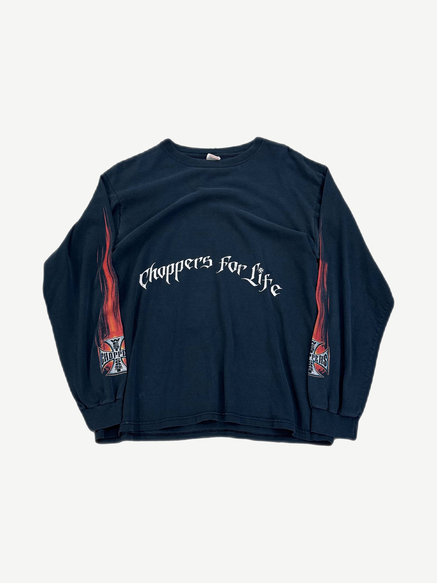 Vintage West Coast Choppers black longsleeve front, Choppers For Life gothic chest graphic