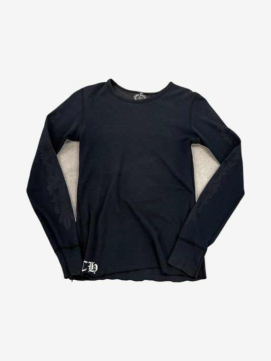 Vintage Chrome Hearts floral cross thermal longsleeve front view in black waffle knit with CH hem embroidery