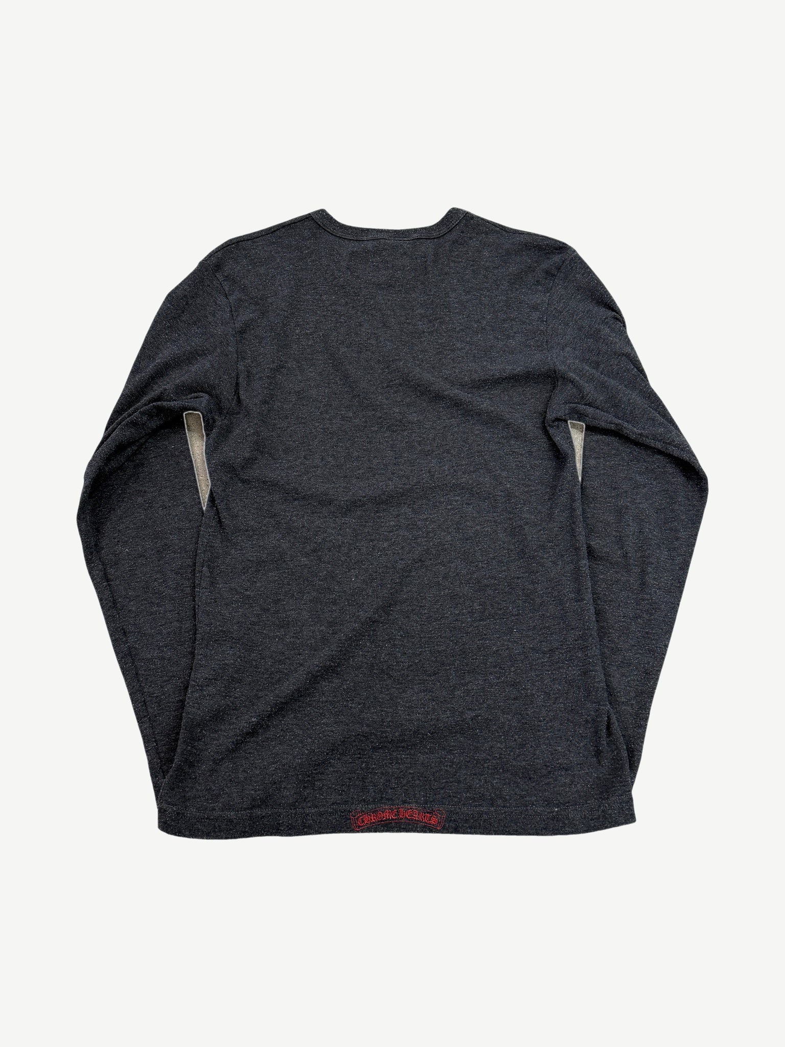 Vintage Chrome Hearts charcoal longsleeve back with small red Chrome Hearts Old English bar embroidered at hem.