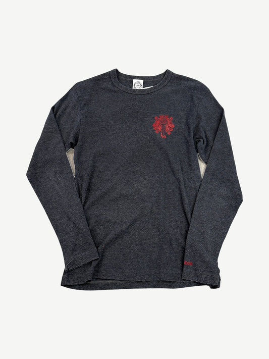 Vintage Chrome Hearts charcoal heather longsleeve with red vine dagger chest embroidery and red hem logo bar.