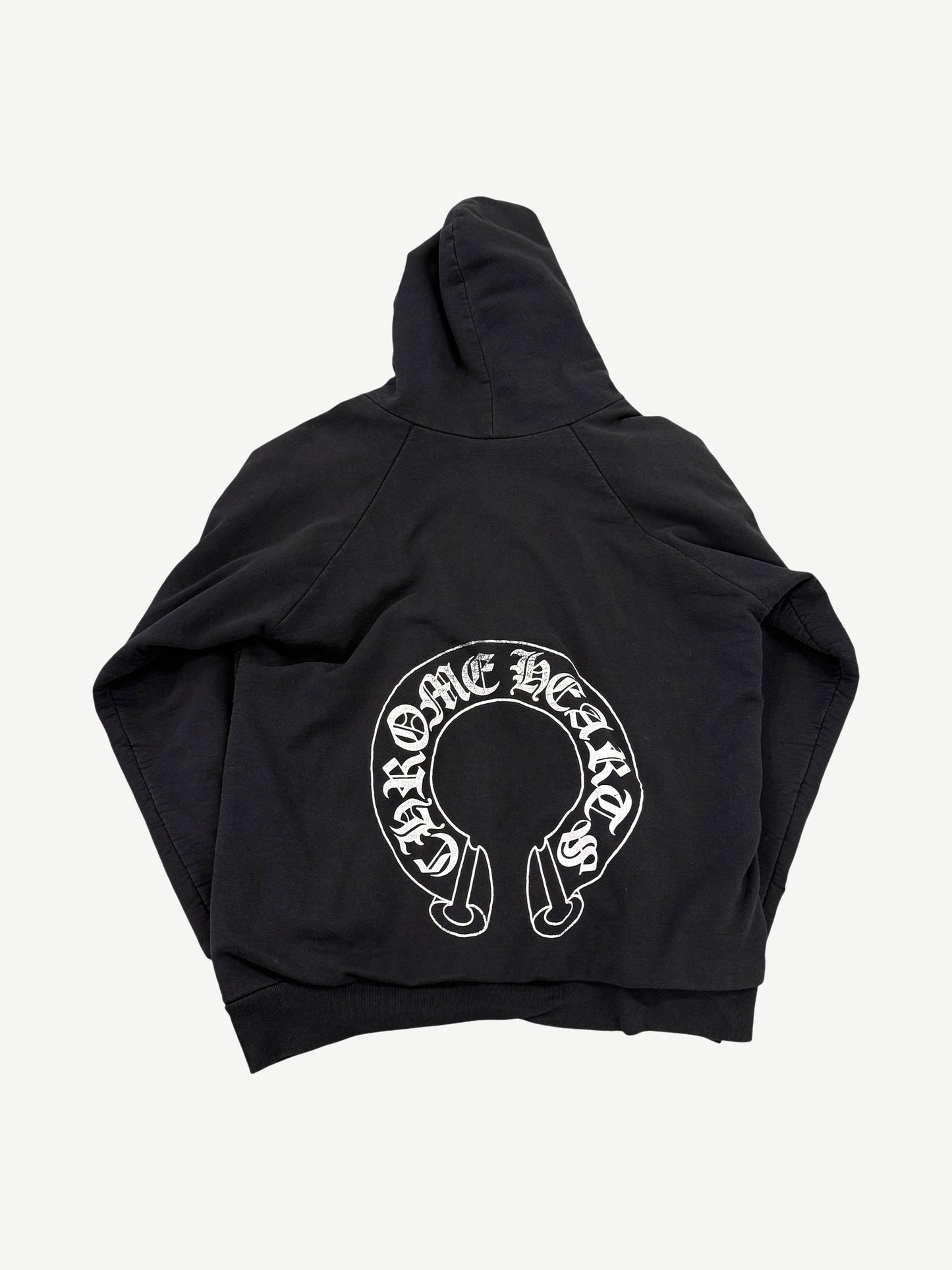 Chrome Hearts black zip-up hoodie back with large white Old English Chrome Hearts horseshoe logo graphic