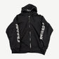 Chrome Hearts black thermal zip-up hoodie with white Old English Fuck You sleeve prints, front view
