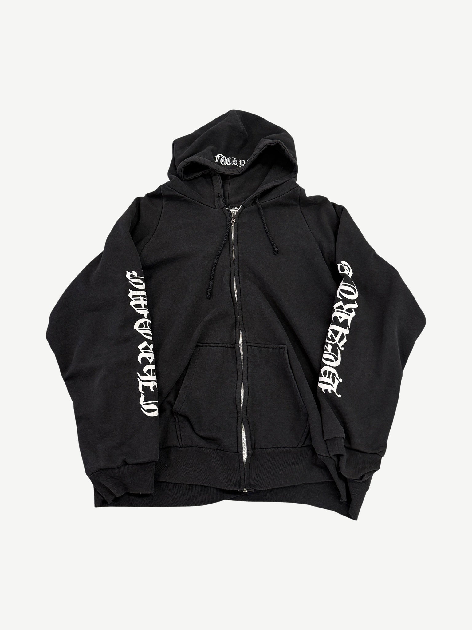 Chrome Hearts black thermal zip-up hoodie with white Old English Fuck You sleeve prints, front view