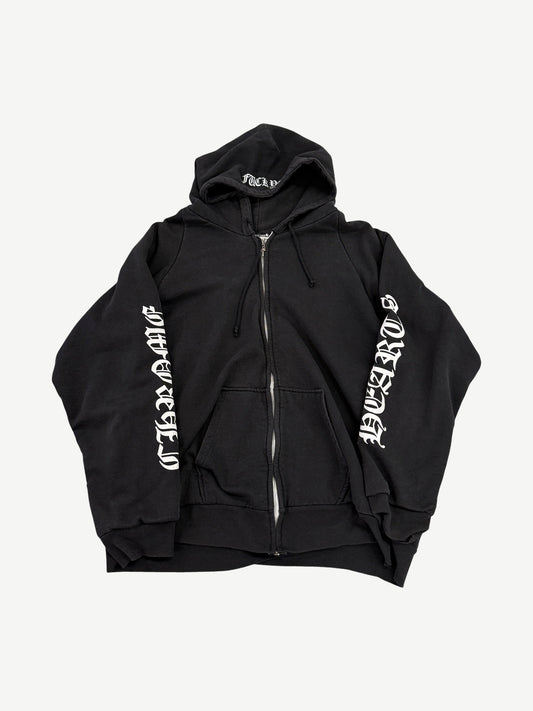 Chrome Hearts black thermal zip-up hoodie with white Old English Fuck You sleeve prints, front view