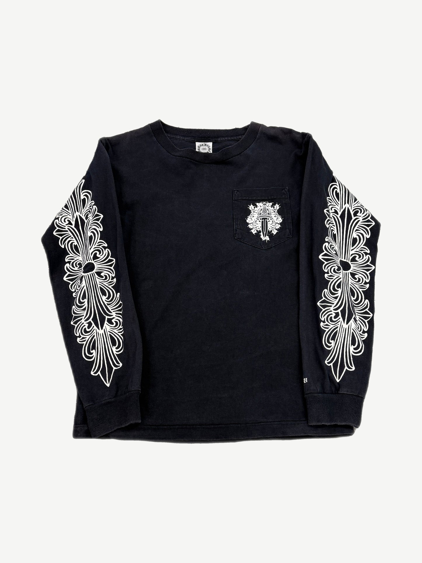 Vintage Chrome Hearts vine dagger floral longsleeve in black with white dagger sleeve and pocket print