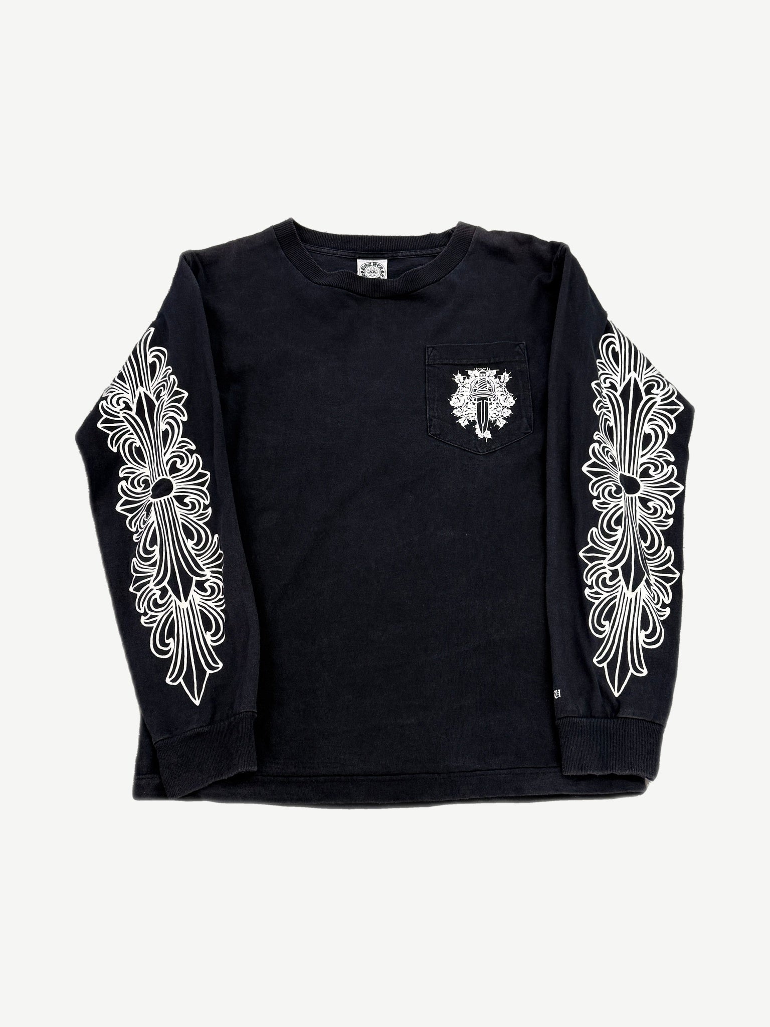 Vintage Chrome Hearts vine dagger floral longsleeve in black with white dagger sleeve and pocket print