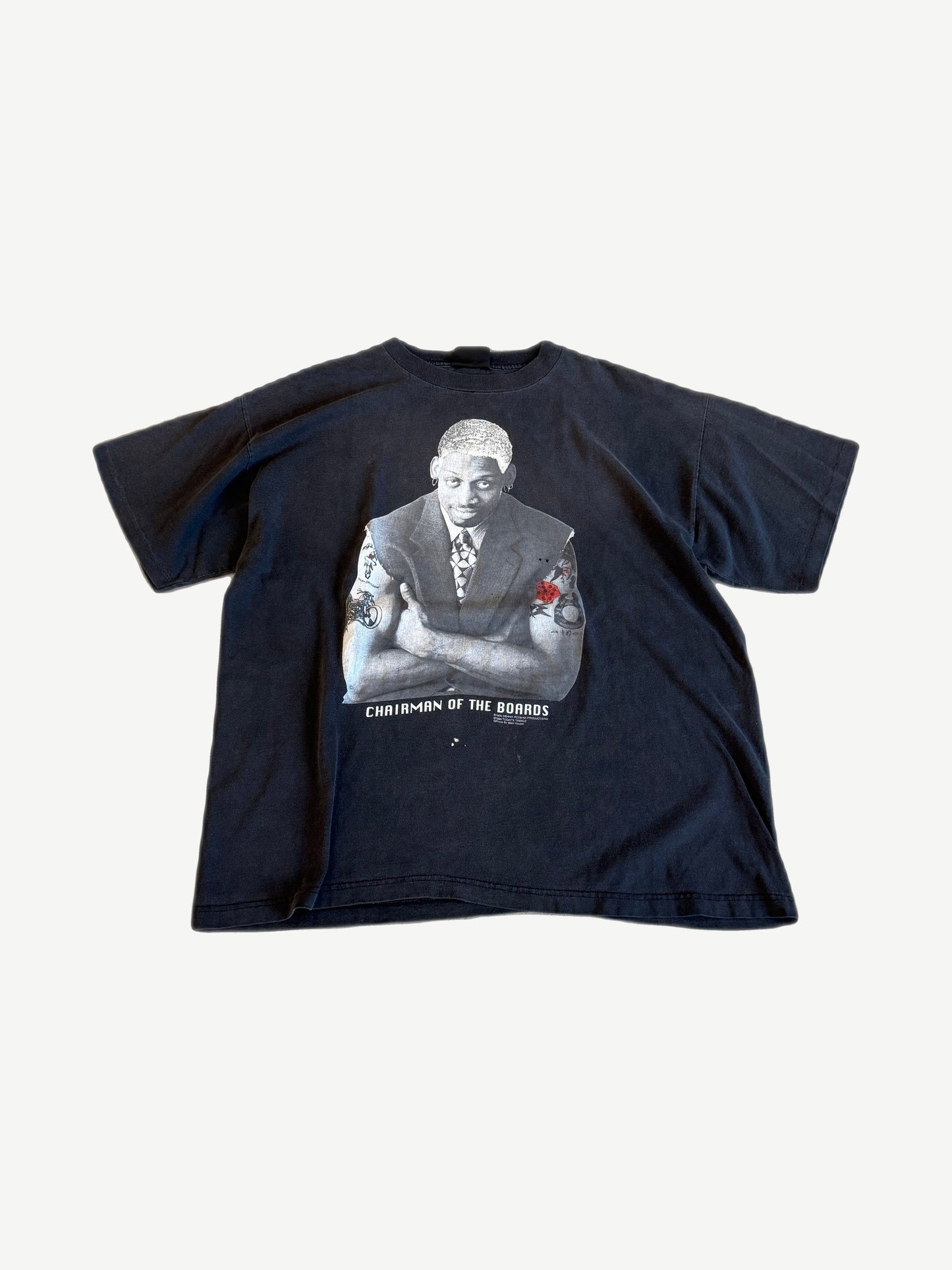 Vintage Dennis Rodman Chairman of the Boards tee in faded black with portrait graphic print on chest.