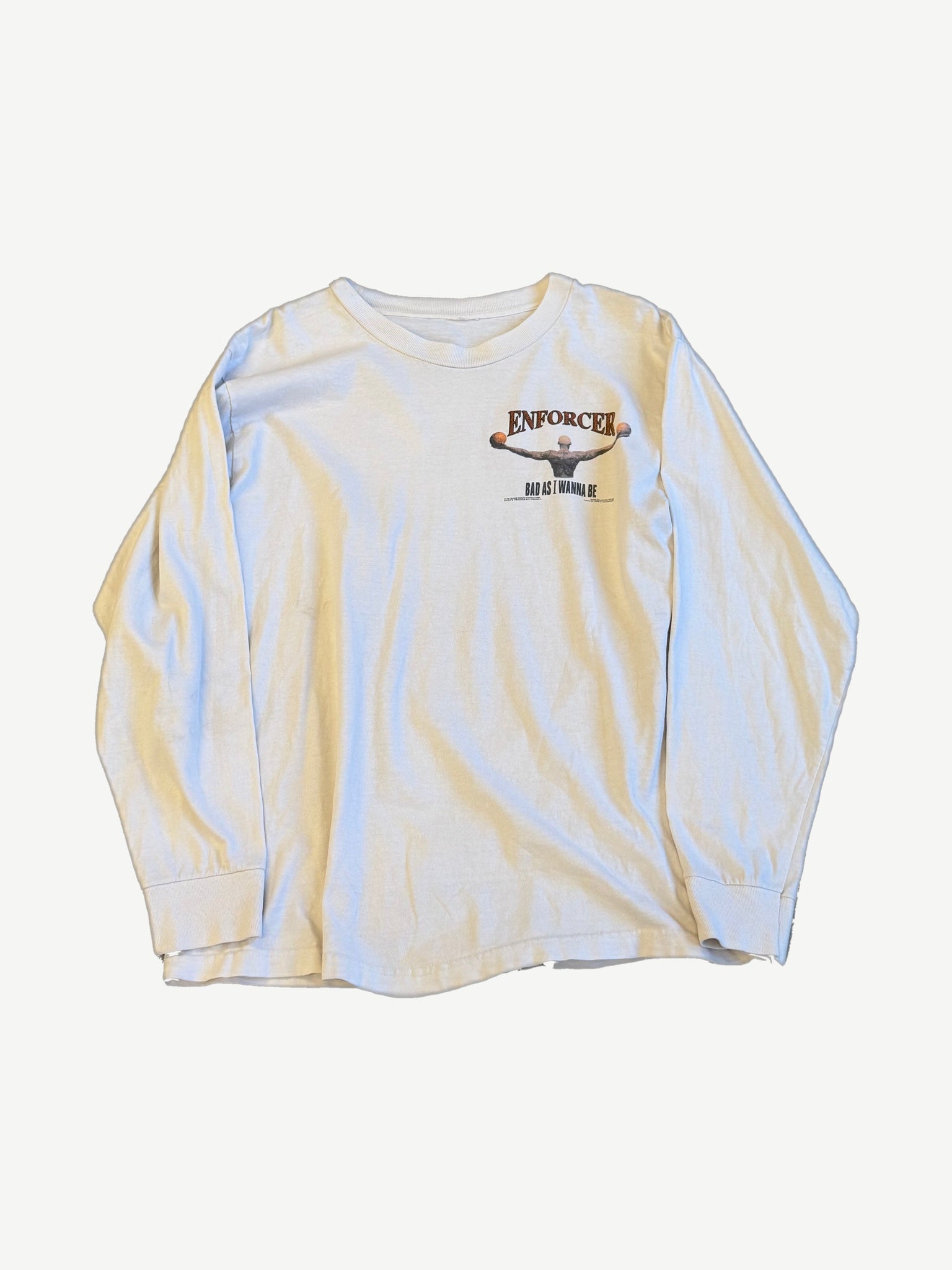 Vintage Dennis Rodman Enforcer longsleeve in cream with Bad As I Wanna Be chest graphic print.