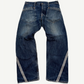 Vintage Evisu Japanese raw denim jeans front view with selvedge inseam detail and dark indigo wash
