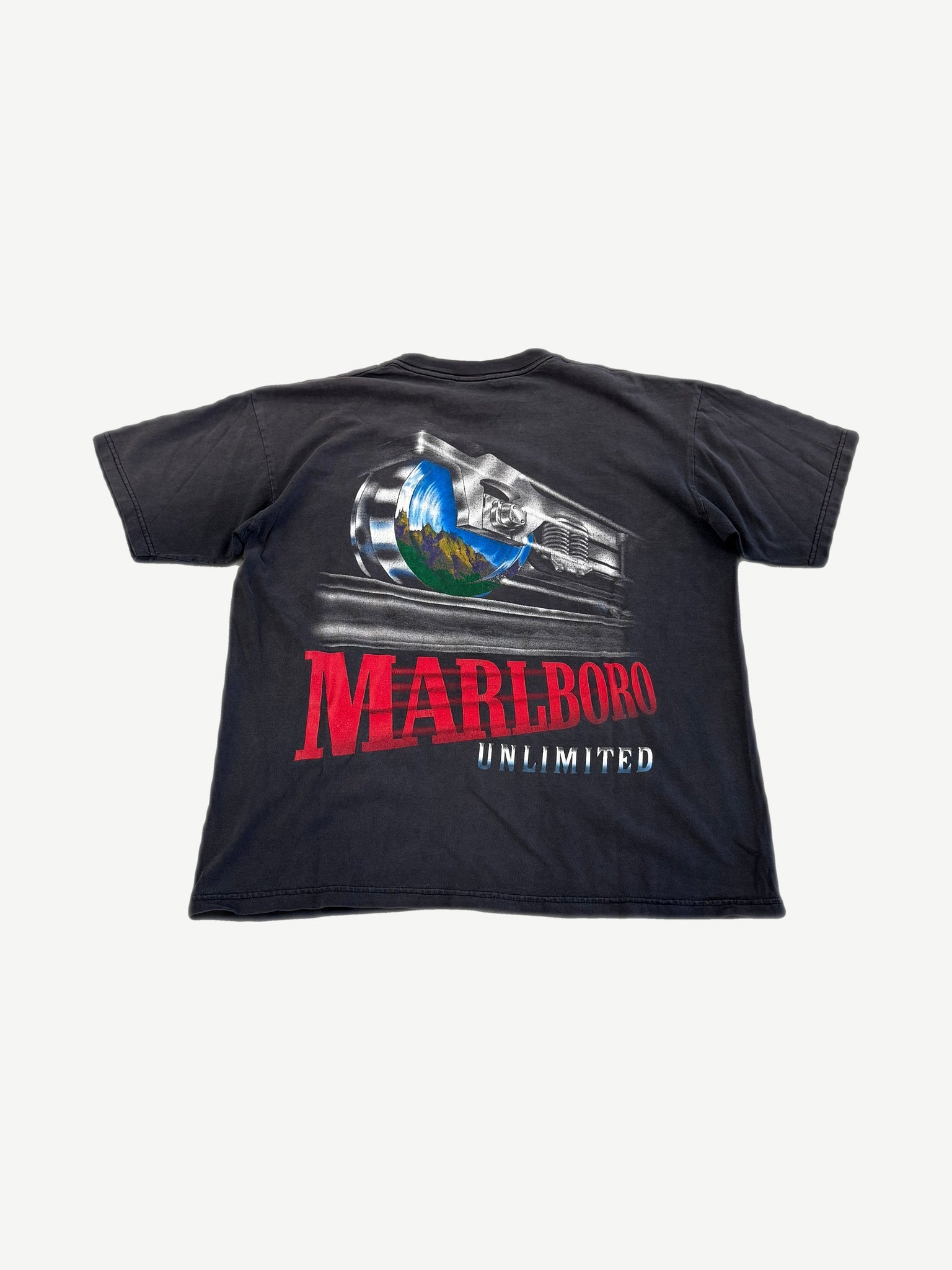 Vintage Marlboro Unlimited tee back view with airbrushed chrome engine graphic and red logo print.