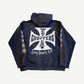 Vintage West Coast Choppers hoodie back view with oversized iron cross logo and Long Beach CA gothic text print.