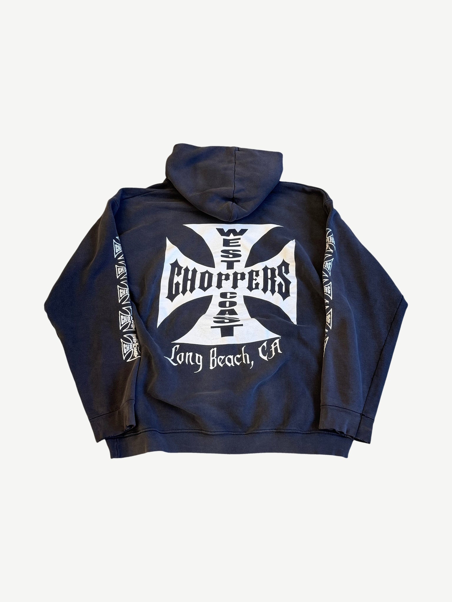 Vintage West Coast Choppers hoodie back view with oversized iron cross logo and Long Beach CA gothic text print.