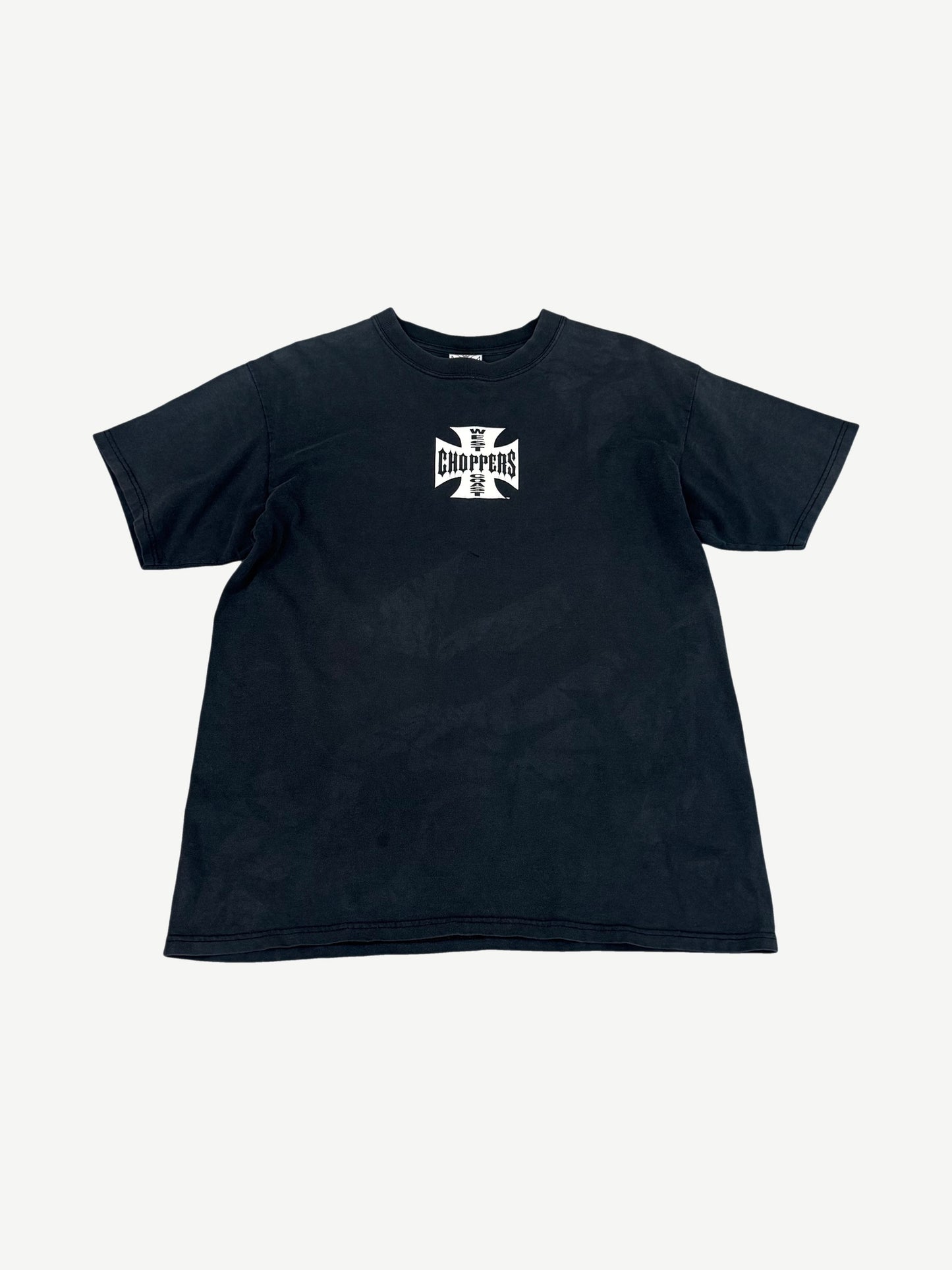 Vintage faded black West Coast Choppers tee with small white iron cross logo printed center chest