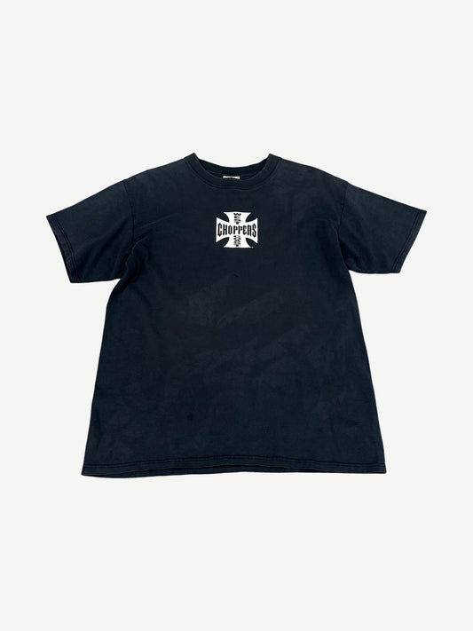 Vintage faded black West Coast Choppers tee with small white iron cross logo printed center chest