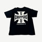 Back of vintage West Coast Choppers tee with large white iron cross logo and Long Beach CA text