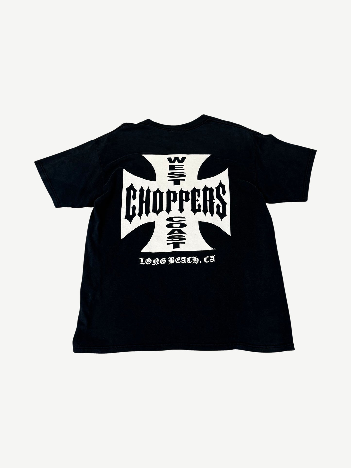 Back of vintage West Coast Choppers tee with large white iron cross logo and Long Beach CA text